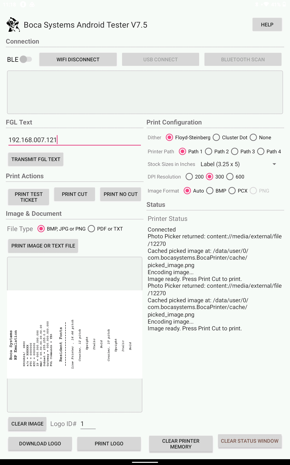Boca Systems Android Tester app, version 7.5